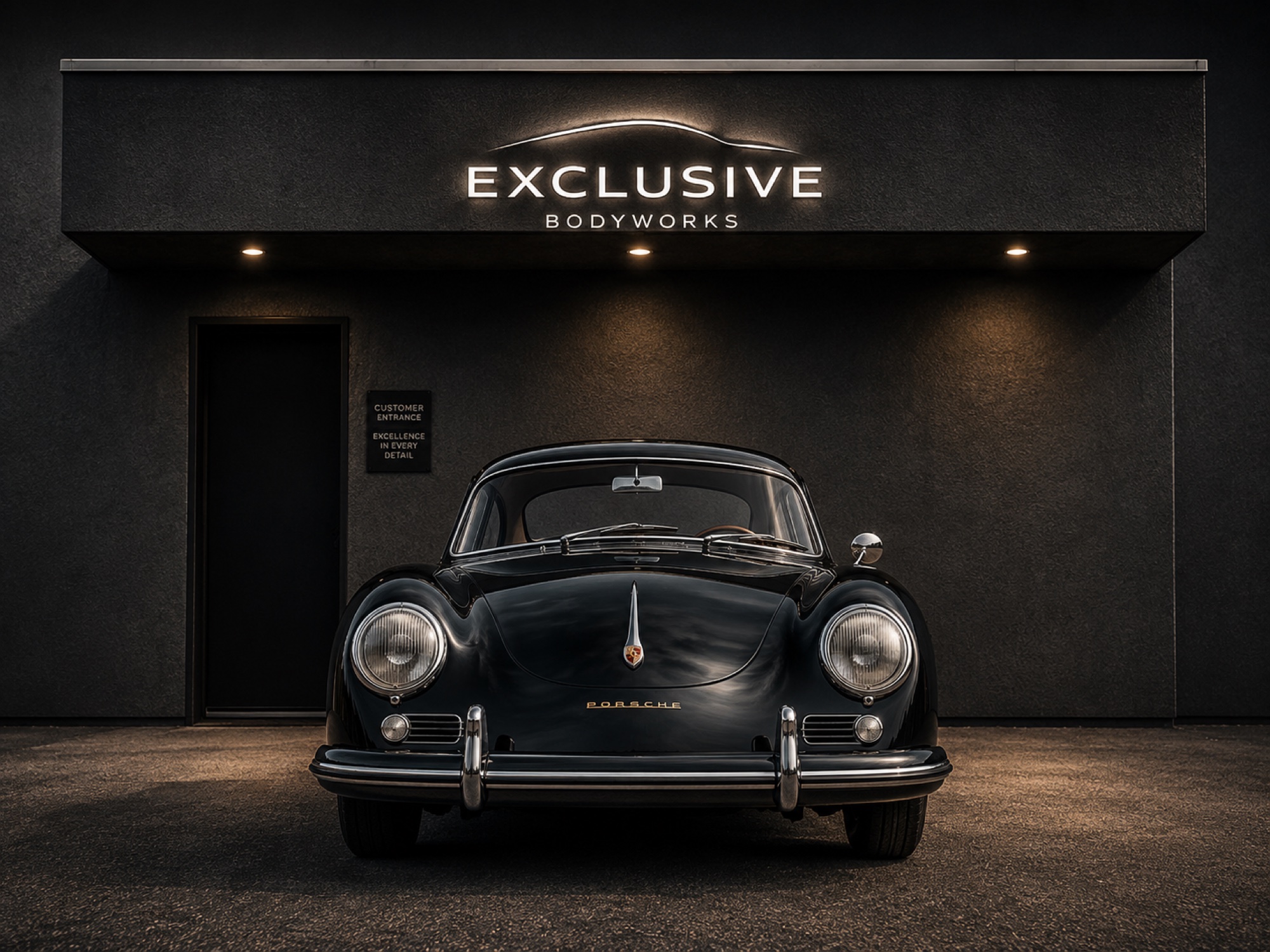 A restored Porsche 356 outside the Exclusive Collision Repair and Restoration shop